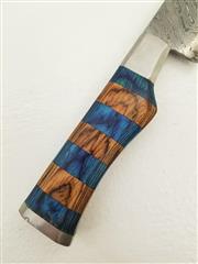 Custom Damascus Style Carving Bread Fixed Blade Blue Wood Handle Knife w/ Sheath
